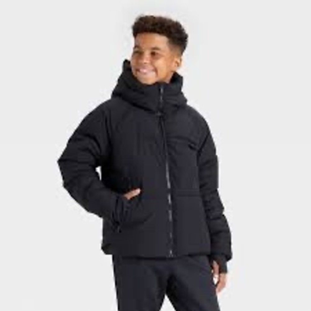 All In Motion Kids Heavyweight Puffer Jacket Black Hooded Winter Coat XS 4/5